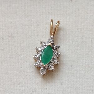 Vintage 10K Gold Emerald Marquise Diamond Pendant